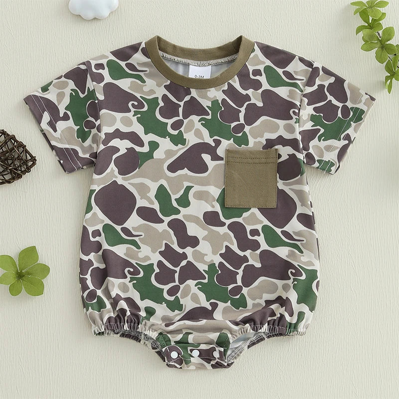 Toddler Boy Lightweight Cotton Short Sleeve Round Neck Camo Romper