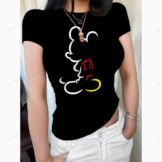 2024 Summer New Short Sleeve T-Shirt Women Mickey Mouse Print Simple Casual Soft All-Match Basic Tops Tees Summer Fashion