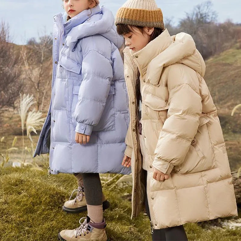 Winter Girl's Thickness White Duck Down Jacket Girls Long Warm Puffer Coat