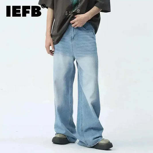 IEFB Wide Leg Jeans Casual Male Denim Pants 2025 Spring Fashion Loose Fit Trousers with Pockets and Zipper Closure