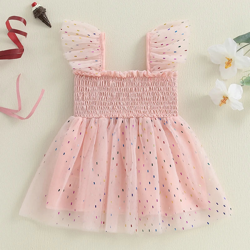 Pudcoco Toddler Girls Summer Tulle Dress Flying Sleeve Big Bow A-Line Dress for Ages 6 Months to 4 Years