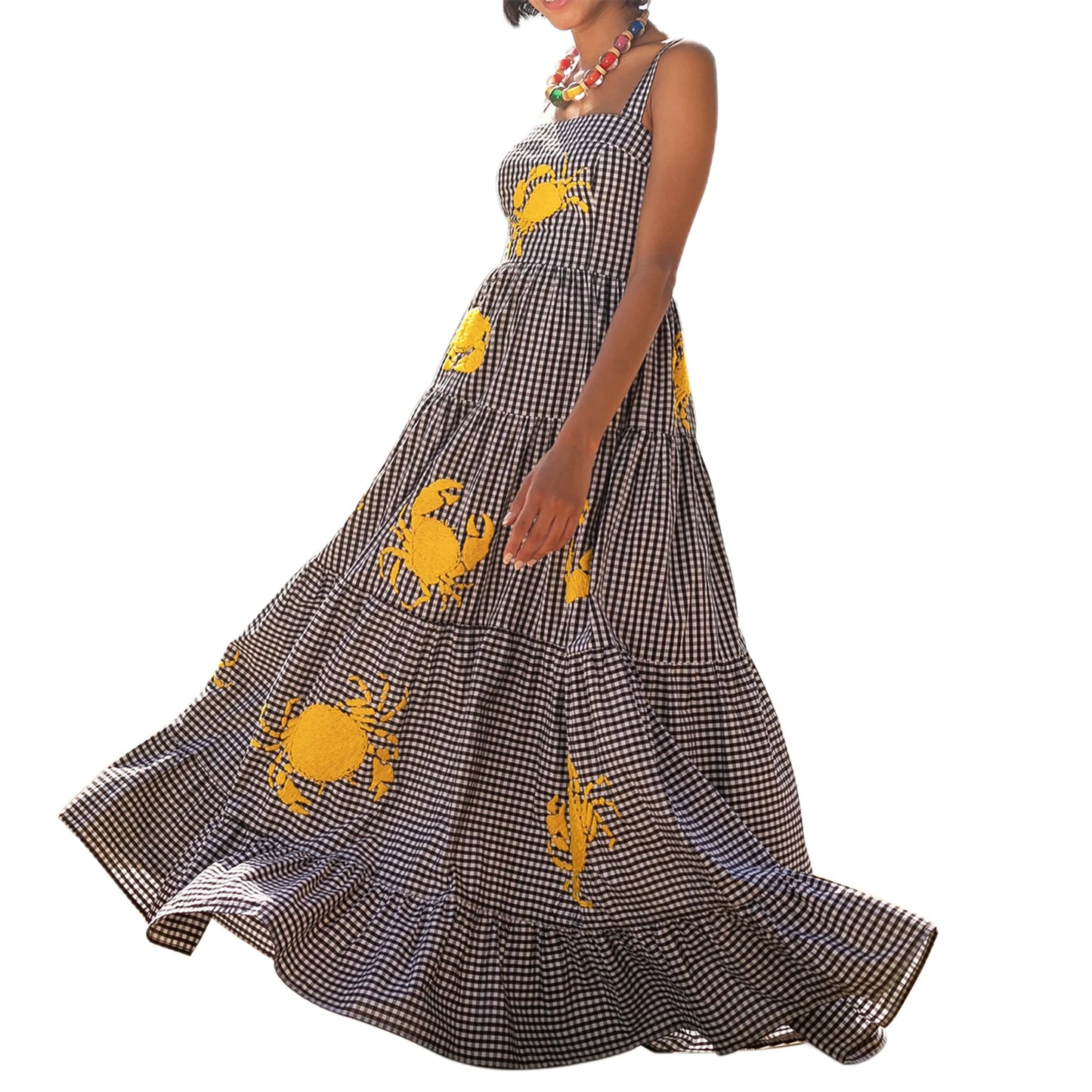 Women’s Boho Floral Print Spaghetti Strap Maxi Dress V Neck Sleeveless Summer Beach Dress with Tiered Skirt and Embroidery