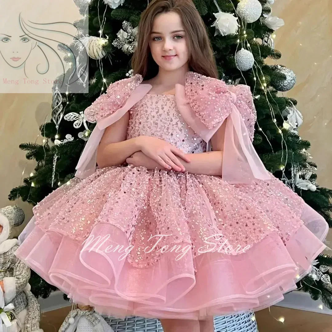 Champagne Flower Girl Dress for Wedding with Glitter Bow Cute Baby Pageant Princess First Communion Ball Gown