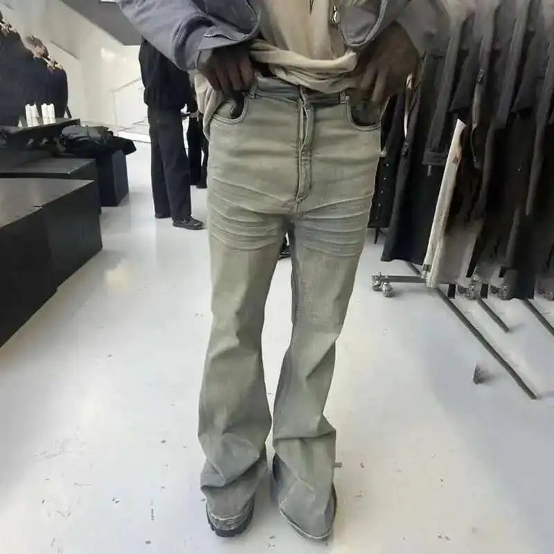 PFNW Wrinkled Design Vintage Male Jeans High Street Full Length Washed Wide Leg Pants Trendy Boot Cut Men's Trousers New 28W4545