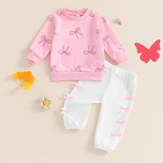 Lioraitiin Toddler Girls Bow Print Long Sleeve Sweatshirt and Elastic Pants Set 2 Pieces Fall Outfit for Ages 1 to 3 Years