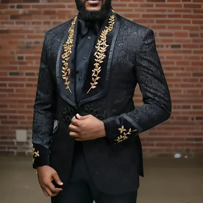 Elegant Black Blazer Formal Men's Suit Jacquard Fabric Shawl Lapel Single Breasted Luxury Jacket