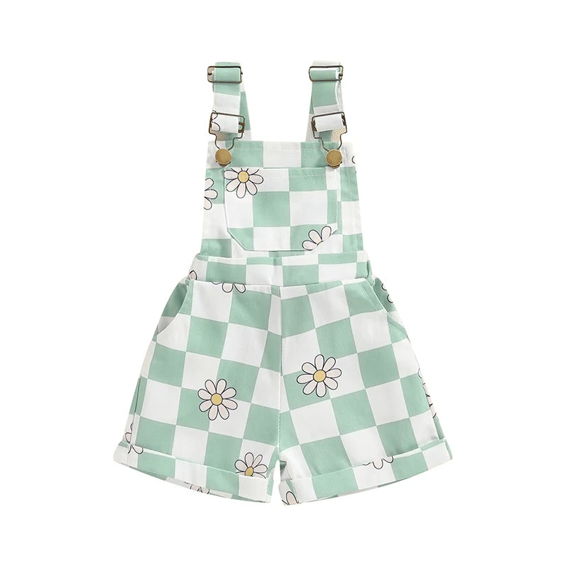 Lioraitiin Toddler Baby Girl Checkerboard Floral Print Summer Sleeveless Overalls Jumpsuit