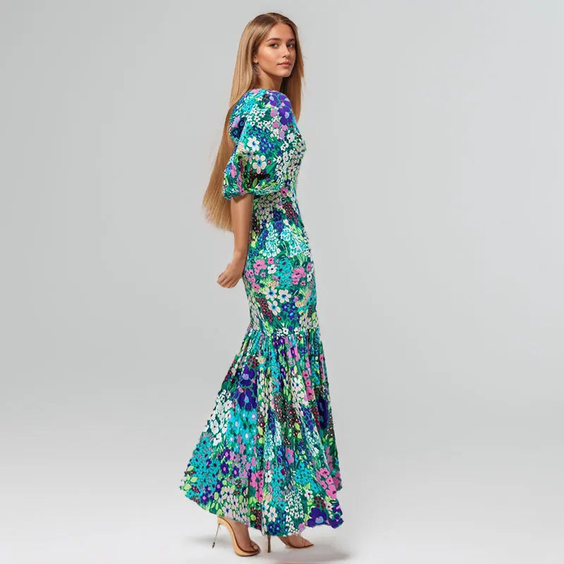 Elegant Blue Flower Print Lantern Sleeve And Ankle Fishtail Dress 2023 Summer Slim Bodycon O-neck Pastoral Style Party Dress