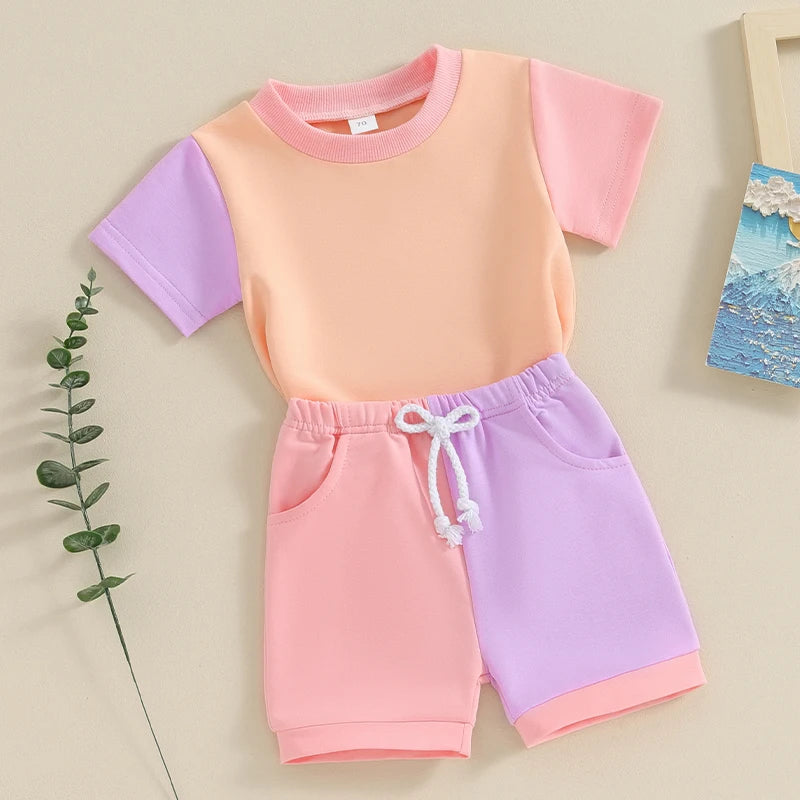Citgeett Summer Toddler Boys and Girls Shorts Set Short Sleeve Contrast Color Tops and Drawstring Shorts
