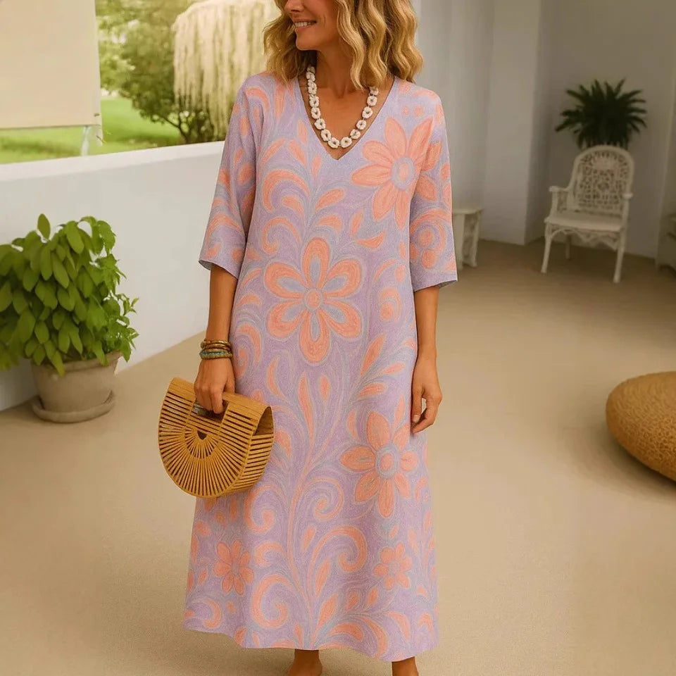 Women's Shirt Dress Summer Fashion Comfortable Casual V-neck Floral 3D Printed Sleeve Length Dress