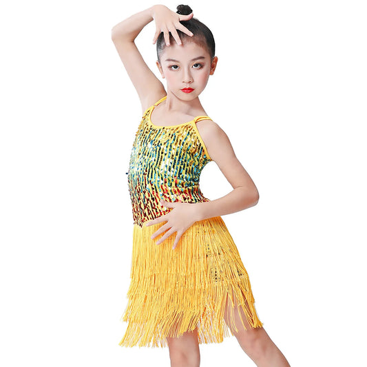 Girls Sequin Slip Dress Latin Dance Performance Dress Fringe Stage Show Holiday Dress