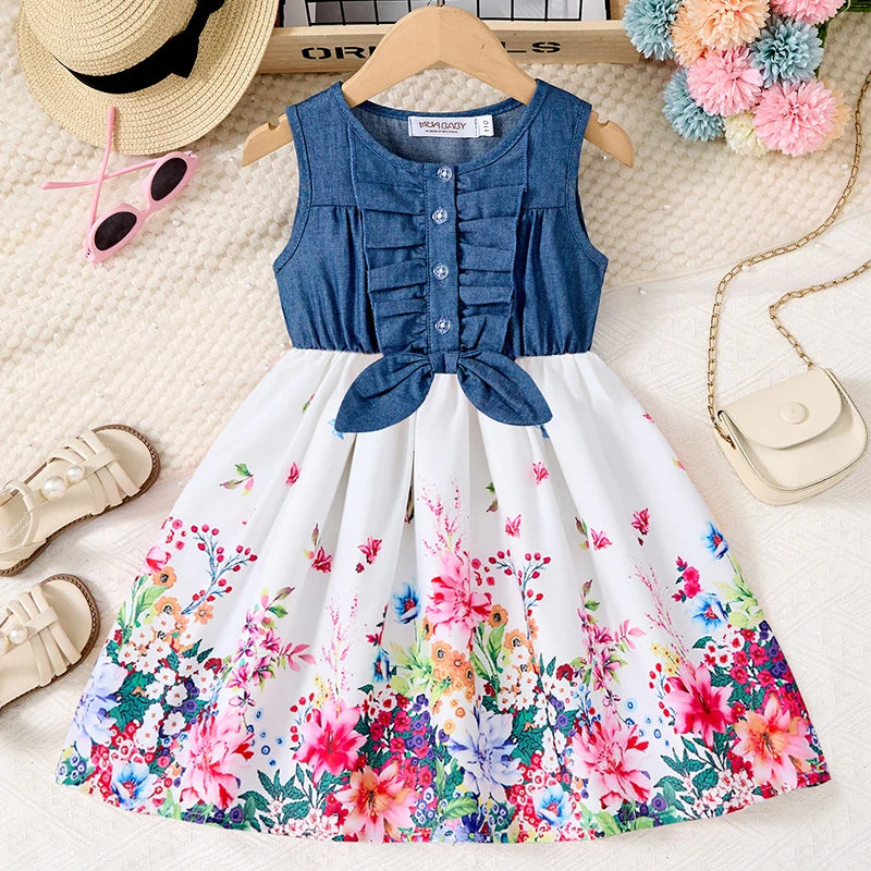 Children's Summer Casual Daily Dress Patchwork Cowboy Butterfly Floral Design Fashion Girls Dress