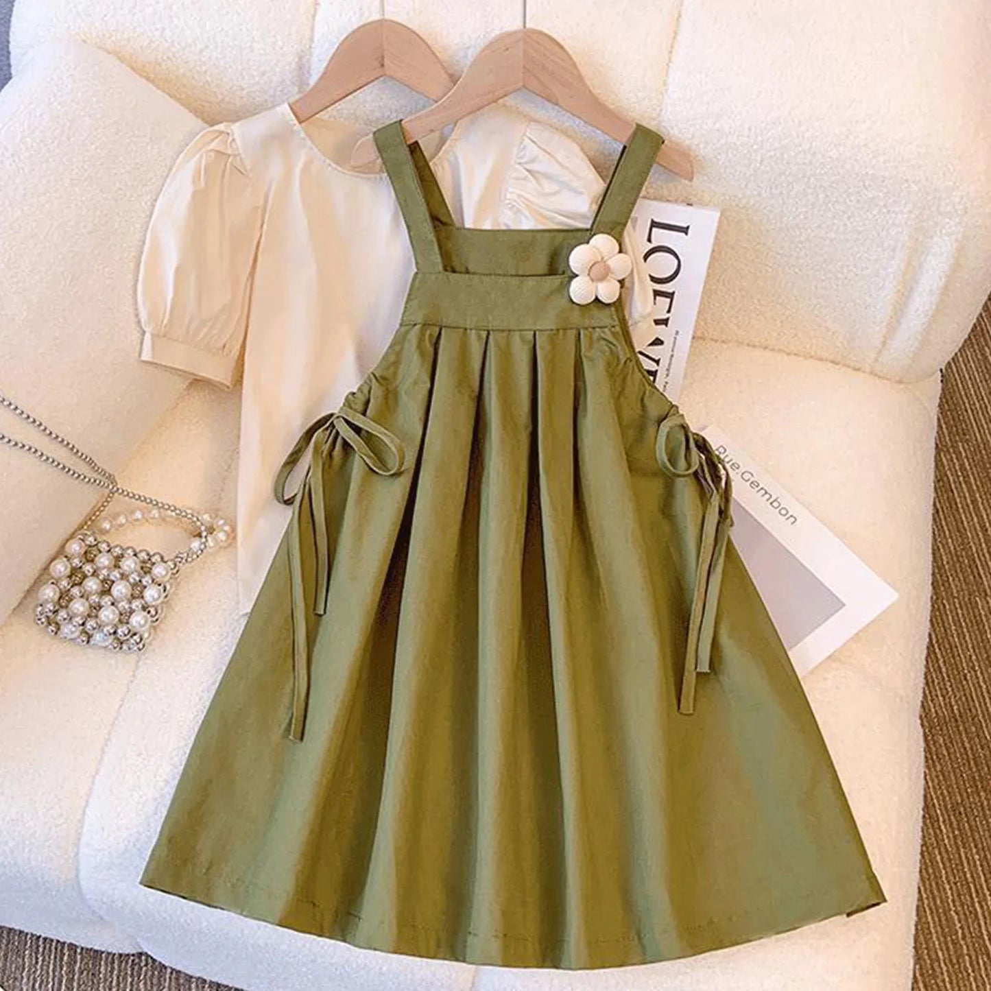 Girl Summer Dress Outfit Short Sleeve Top and Suspender Skirt Set Kids 2Pcs Children's Printed Shirt and Shorts Suit