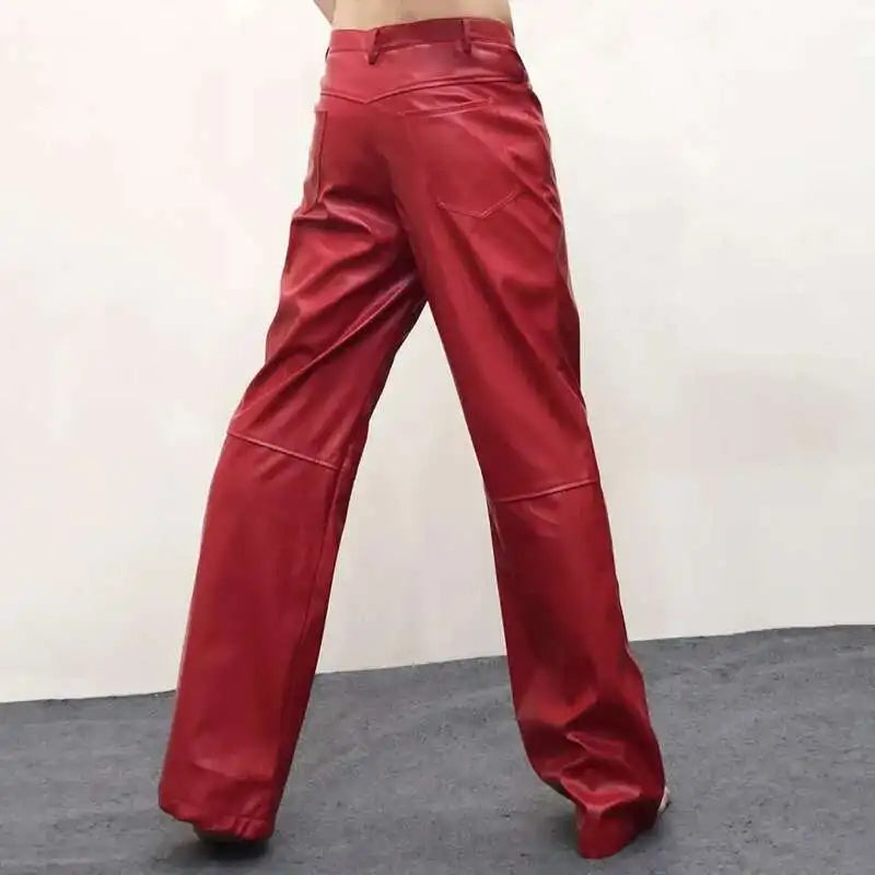 Classic Men's Straight Tube Loose Fitting Casual Leather Pants High Quality Nightclub Costumes PU Pants Slim Fit