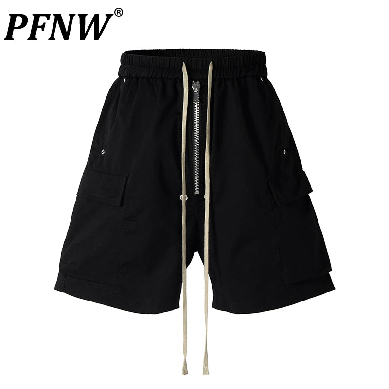 PFNW 2025 Summer High Street Trendy Workwear Shorts Loose Zipper Drawstring Elastic Waist Black Knee Length Pants 28W6518