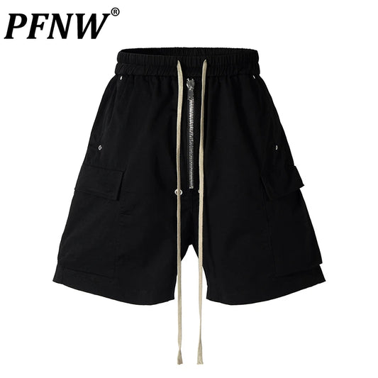 PFNW 2025 Summer High Street Trendy Workwear Shorts Loose Zipper Drawstring Elastic Waist Black Knee Length Pants 28W6518