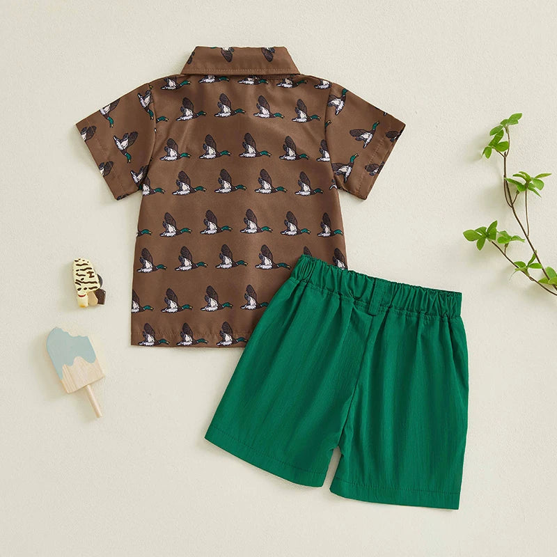 Adorable Infant Boy's Summer Ensemble Featuring Cute Duck Print Shirt and Matching Shorts