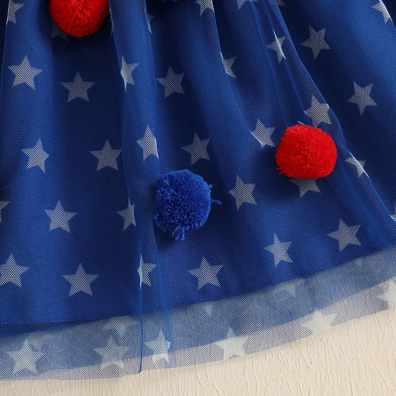 Pudcoco Little Girl 4th Of July Dress Star Print Plush Ball Sleeveless Smocked A-Line Dress For Spring Summer 6M-4T