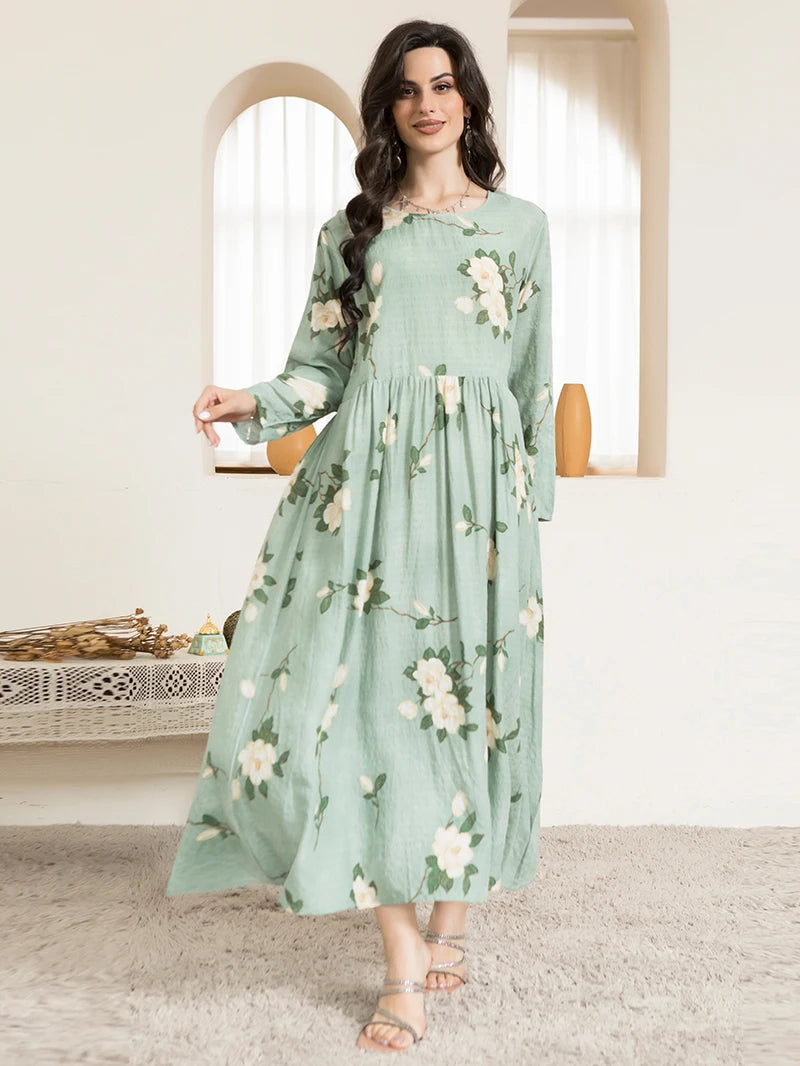 Casual Round Neck Floral Print Long Dress Mint Green for Women Stylish Regular Sleeve Spring Fashion