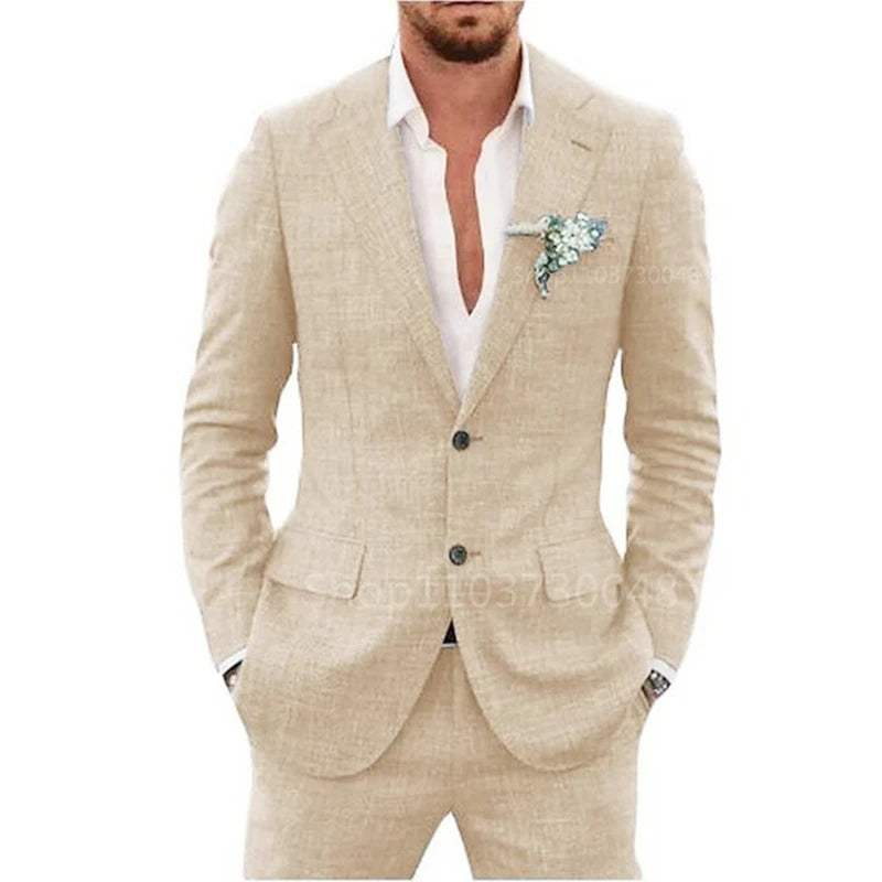 Casual 2 Piece Beige and Blue Linen Men Suits Notch Lapel Slim Fit Groom Tuxedos Blazer Pants Set Wedding Prom Party Costume