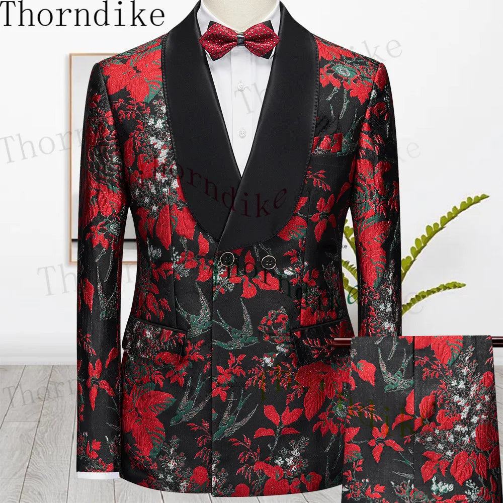 Thorndike 2023 New Design Burgundy Suits for Men 2 Piece Blazer Set Casual Double Breasted Travel Wear Jacket and Pant