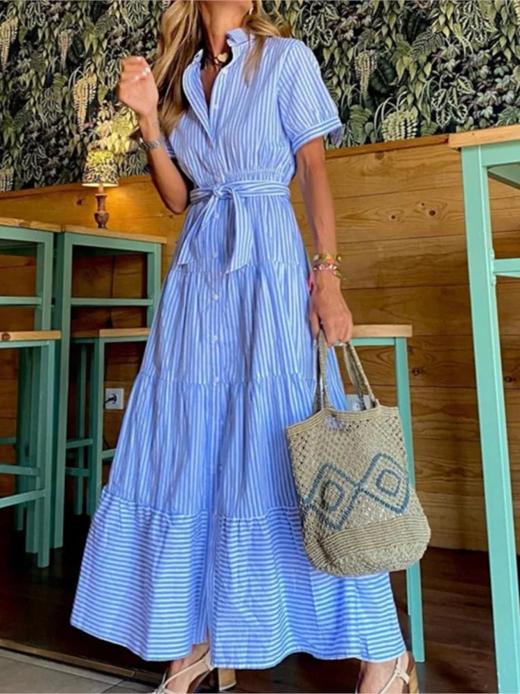 Women's New Fashion Stripe Printed Short Sleeve Loose Waist Strap Long Collar Ankle Single Breasted Dress