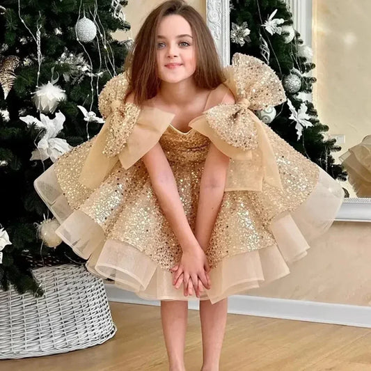 Champagne Flower Girl Dress for Wedding with Glitter Bow Cute Baby Pageant Princess First Communion Ball Gown