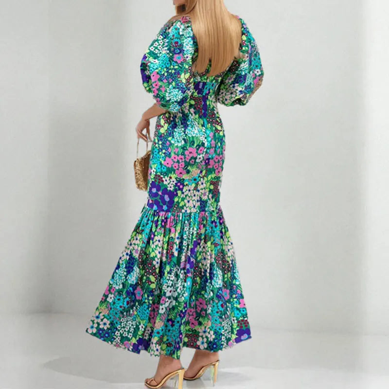 Elegant Blue Flower Print Lantern Sleeve And Ankle Fishtail Dress 2023 Summer Slim Bodycon O-neck Pastoral Style Party Dress