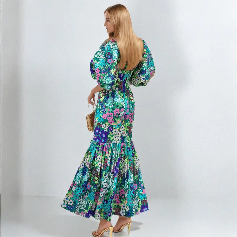 Elegant Blue Flower Print Lantern Sleeve And Ankle Fishtail Dress 2023 Summer Slim Bodycon O-neck Pastoral Style Party Dress