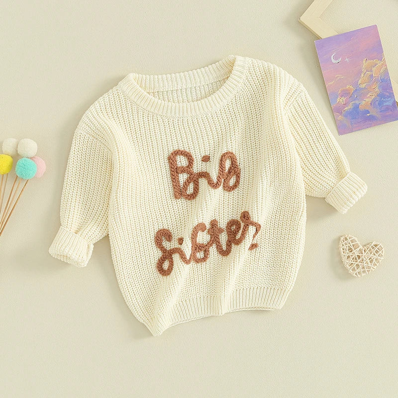 Lioraitiin Kids Girls Sweater with Letter Embroidery Crew Neck Long Sleeve Pullover for Fall Ages 18 Months to 5 Years