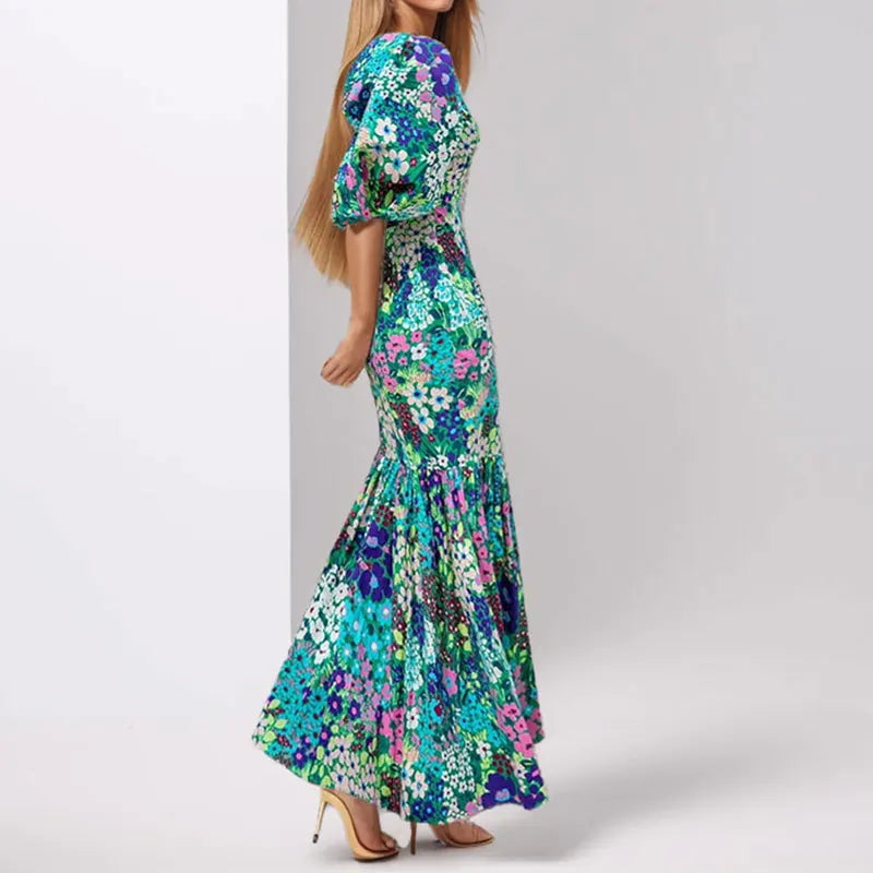 Elegant Blue Flower Print Lantern Sleeve And Ankle Fishtail Dress 2023 Summer Slim Bodycon O-neck Pastoral Style Party Dress