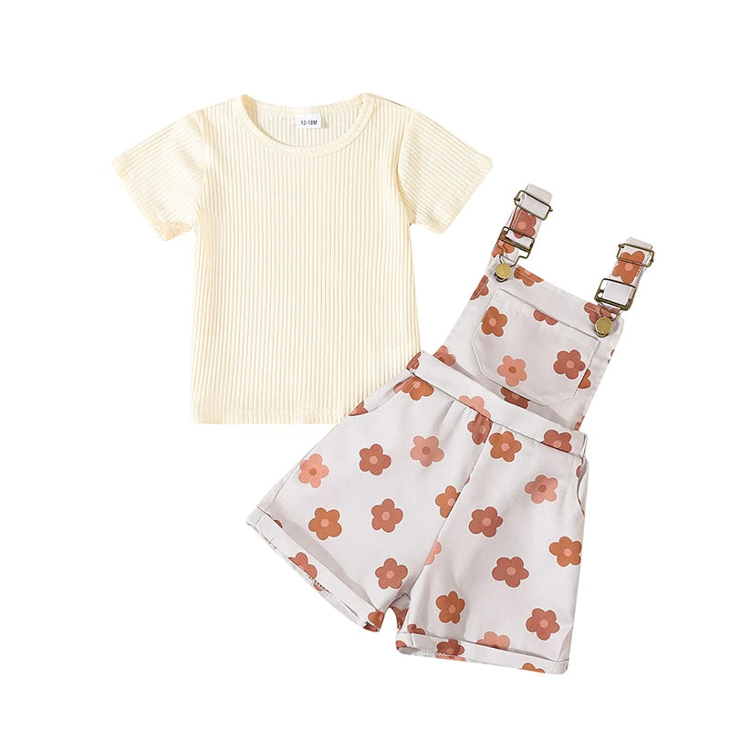 Lioraitiin Toddler Girl Summer Outfit Solid Color Ribbed Short Sleeve Top and Flower Print Suspender Shorts 2 Piece Set
