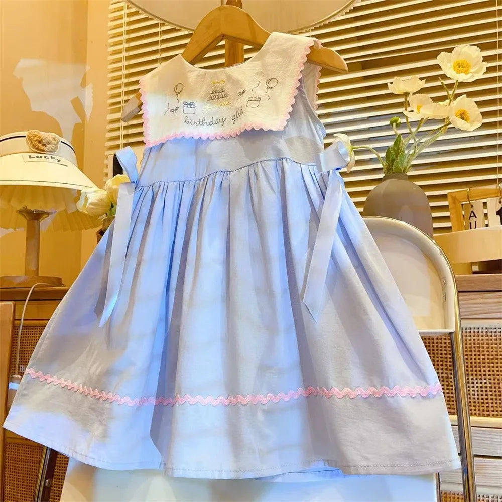 Girls Casual Dresses New Summer Blue Baby Doll Collar Dress