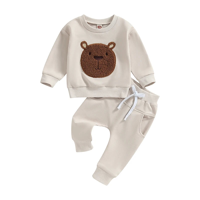 Lioraitiin Toddler Baby Boy Girl 2Pcs Fall Outfits Long Sleeve Bear Embroidery Tops Pocket Pants Set 0-3 Years