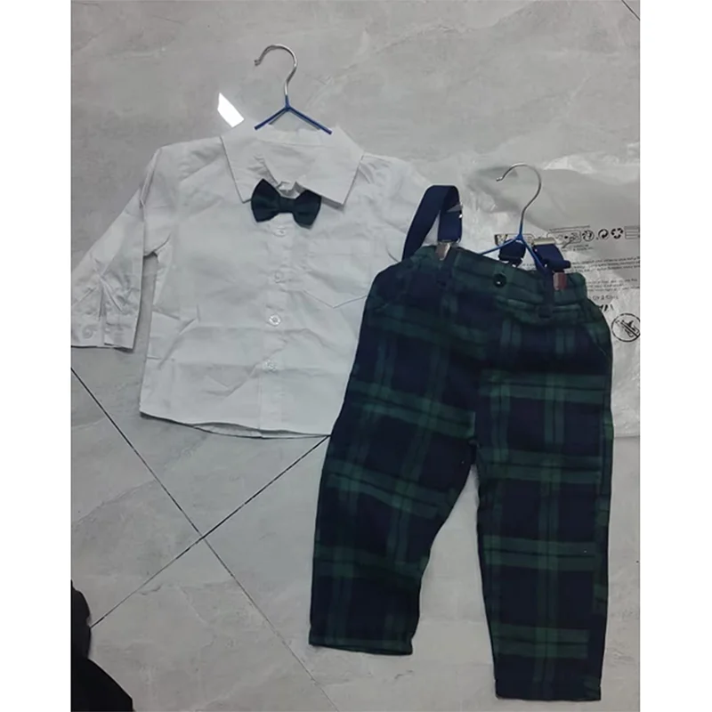 Toddler Boy Formal Wear Stylish Long Sleeve Shirt with Bowtie and Plaid Suspender Pants 2 Piece Set