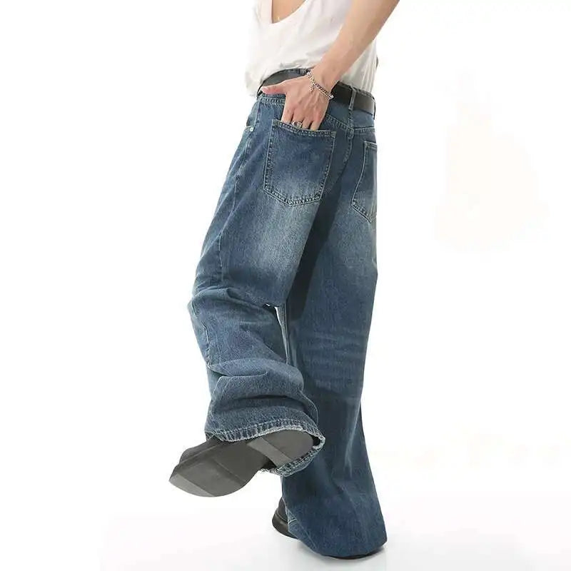 IEFB 2025 Spring Trendy Men's Gradient Color Washed Straight Leg Jeans with Metal Ring Design Casual Wide Leg Denim Pants