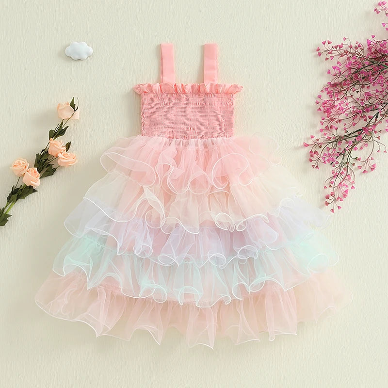 Lioraitiin Baby Girls Slip Dress Casual Sleeveless Contrast Color Layered Summer A-Line Tulle Princess Dress