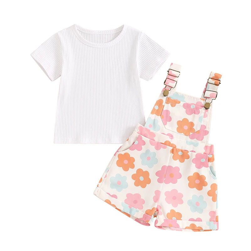 Lioraitiin Toddler Girl Summer Outfit Solid Color Ribbed Short Sleeve Top and Flower Print Suspender Shorts 2 Piece Set