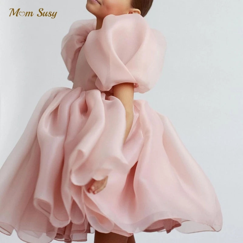 Fashion Girl Princess Vintage Dress Tulle Puff Sleeve Pink