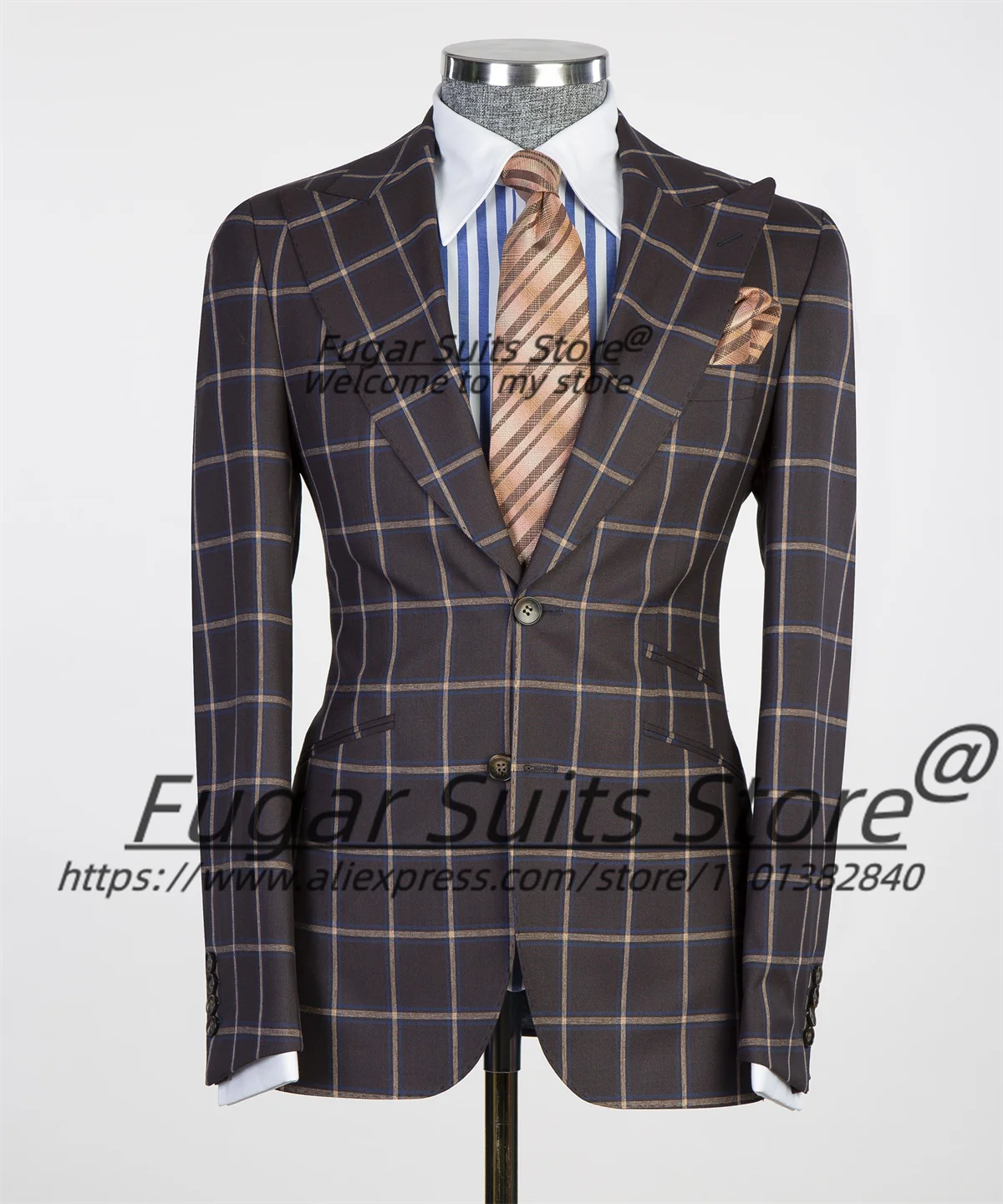 British Style Business Plaid Men's Suit Office Work Slim Fit Peak Blazer 3 Piece Set Classic Tuxedo Ropa Hombre