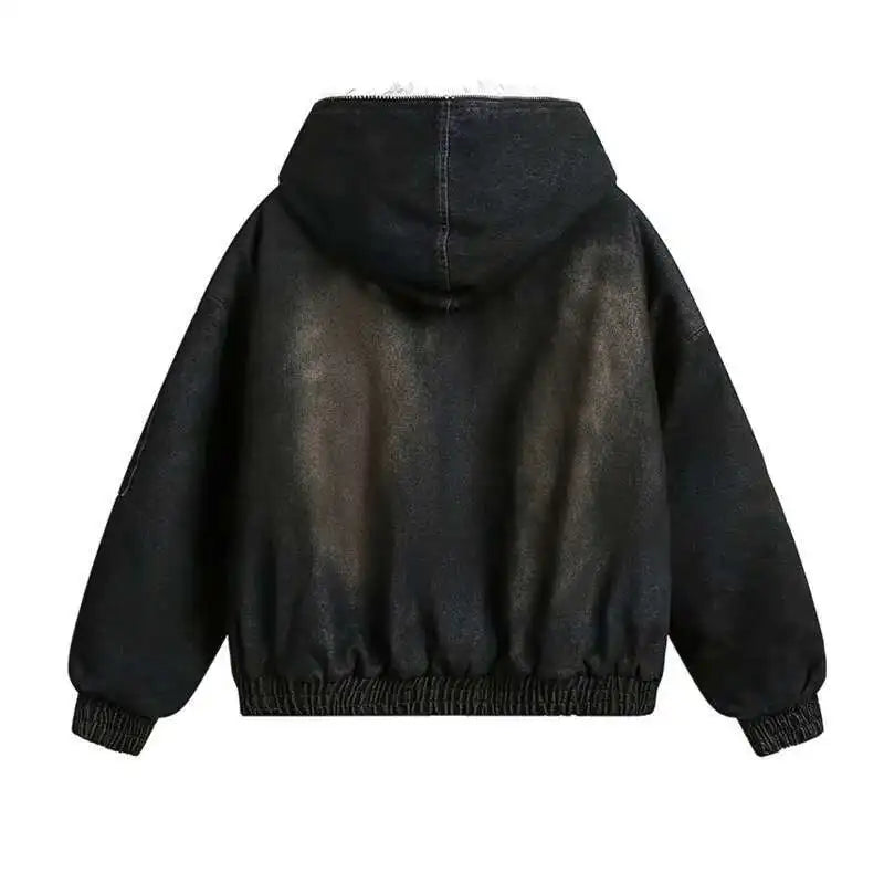 PFNW Menswear Thickened Denim Quilted Padded Jacket Autumn Winter Trend 2024 New Oversized Fur Collar Hooded Coat