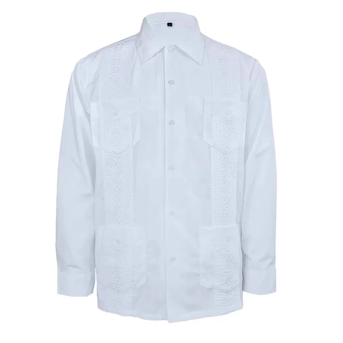 2025 Men's Cuban Guayabera Shirts Solid Long Sleeve Button Up Embroidery Dress Shirts Traditional Casual Four Pockets Tops