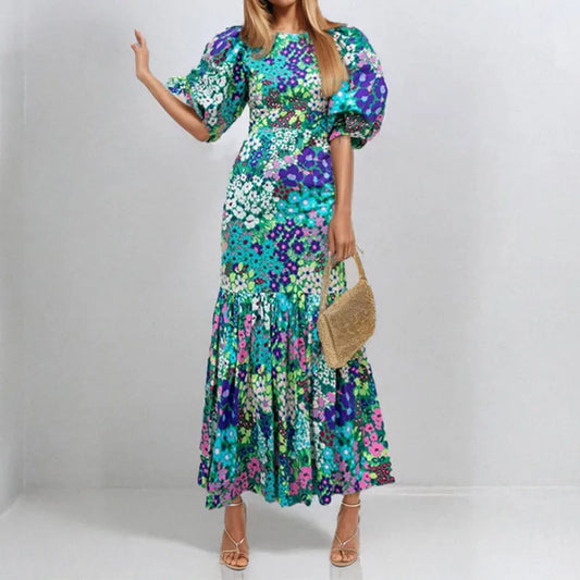 Elegant Blue Flower Print Lantern Sleeve And Ankle Fishtail Dress 2023 Summer Slim Bodycon O-neck Pastoral Style Party Dress