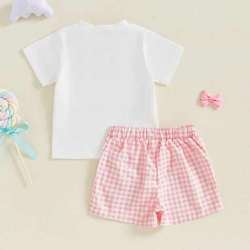 Lioraitiin Baby Girl Shorts Set Bow Letter Short Sleeve T-Shirts Plaid Elastic Waist Skorts Summer Outfit 2024