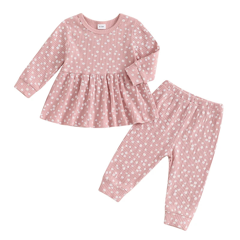 Lioraitiin Toddler Girl Fall Outfits 2Pcs Set Floral Print Long Sleeve Top and Elastic Waist Long Pants 1-5Y