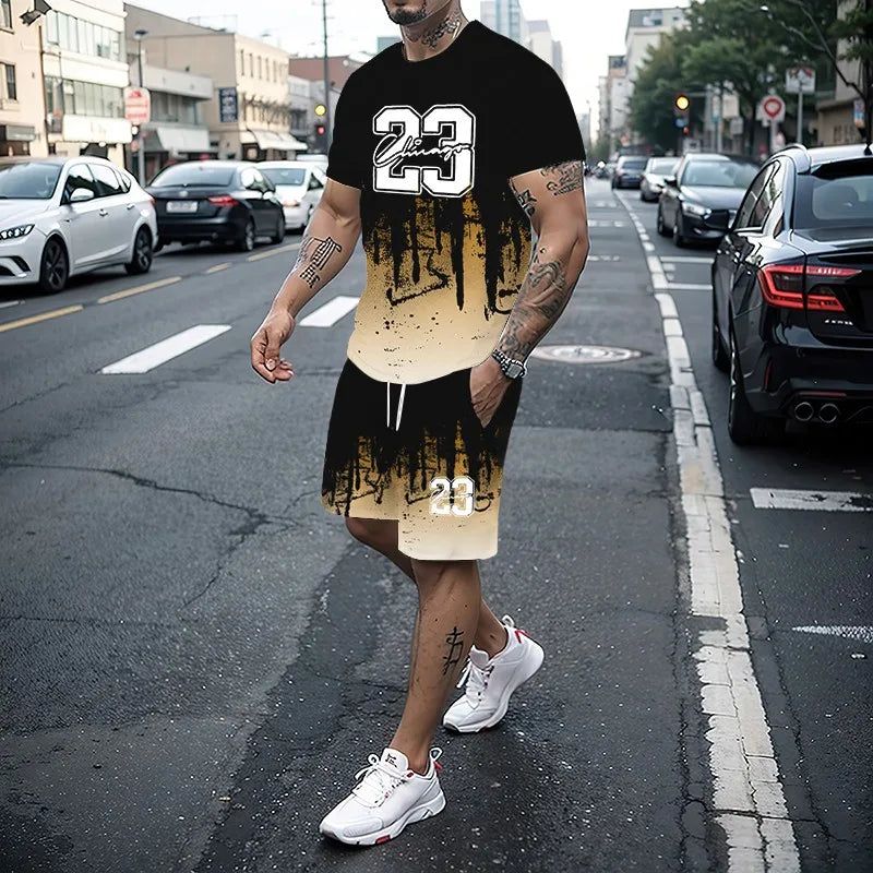 Men's Summer Fashion 3D Printed T-Shirt and Shorts Set Casual Two-Piece Outfit