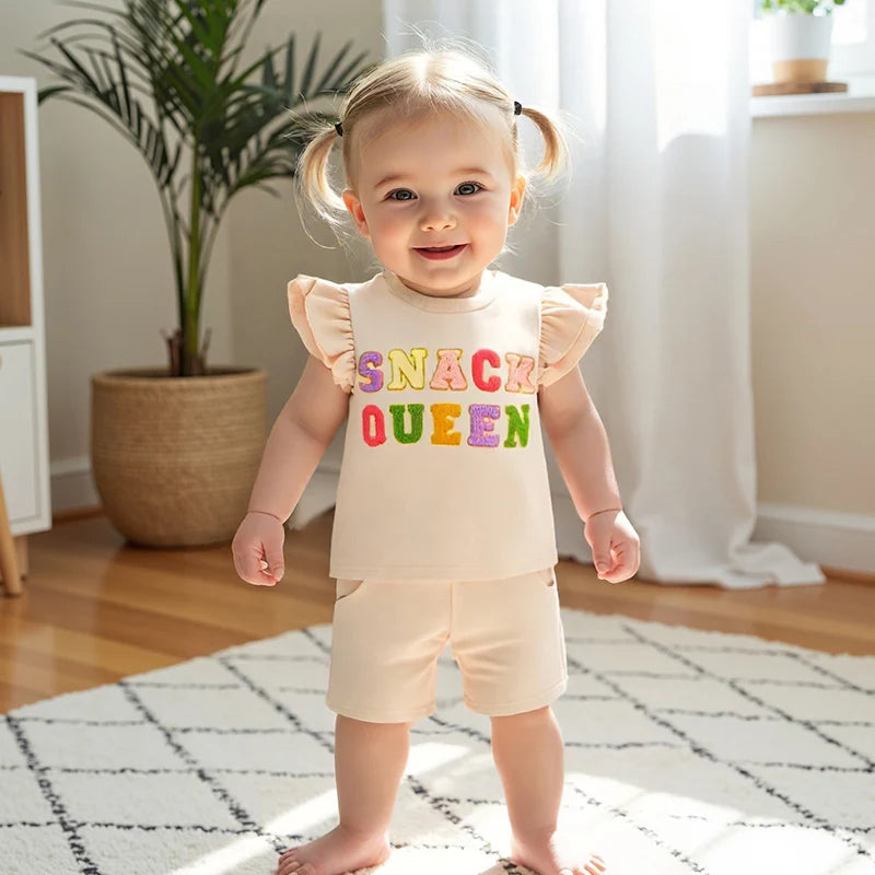 Lioraitiin Baby Girls Summer Outfits Short Sleeve O Neck Letter Embroidery Tops Solid Color Shorts Sets 1-3 Years