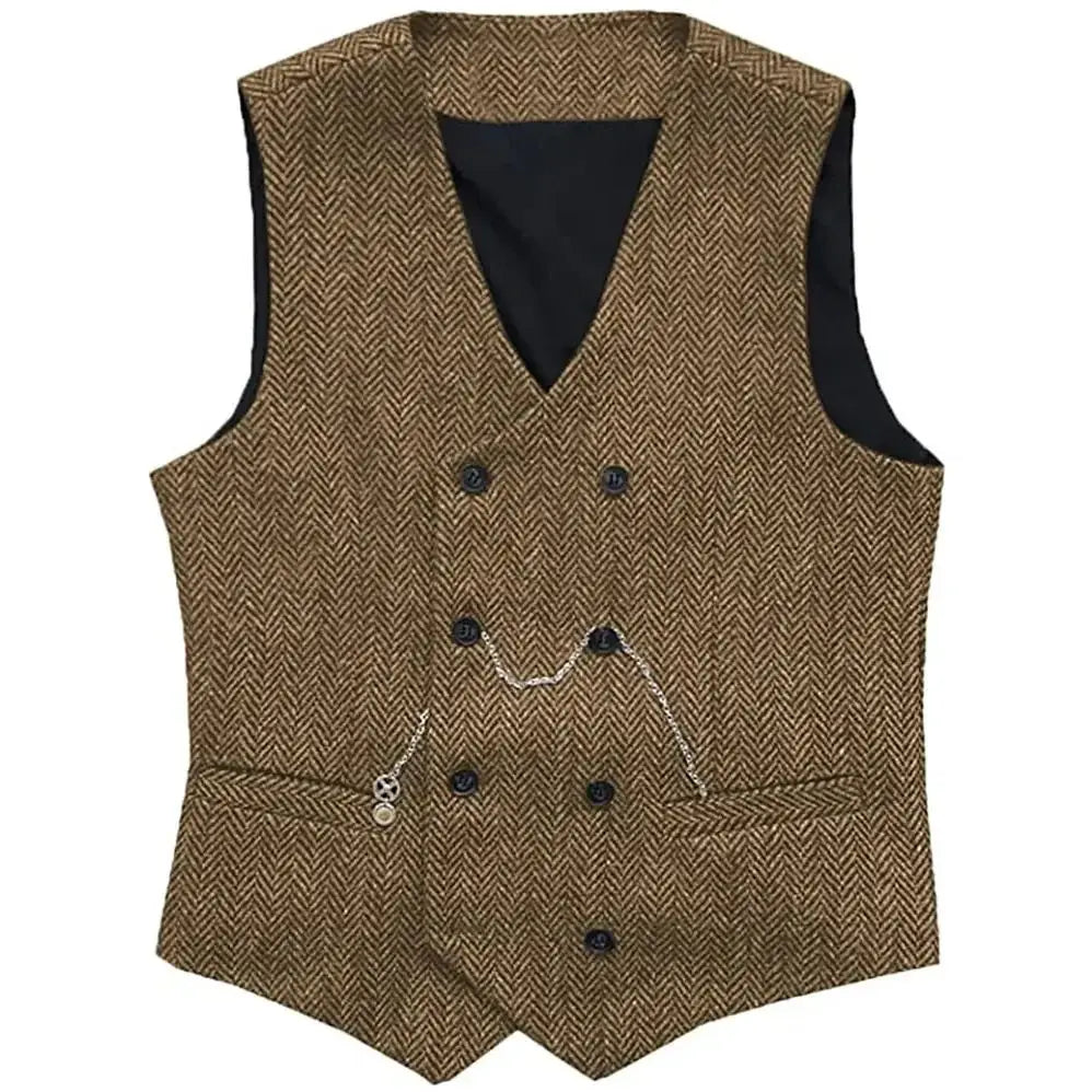 V Neck Men's Suit Vests Herringbone Wool Tweed Double Breasted Waistcoat Tuxedo Groomsmen Wedding Groom One Piece Vest