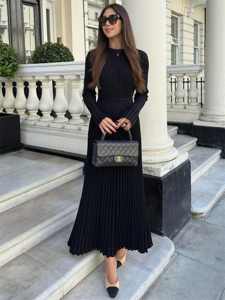Tossy Lace-Up Female Knit Maxi Dress Autumn High Waist