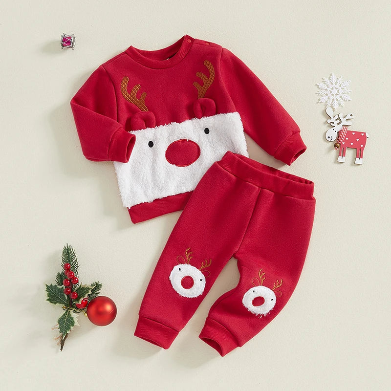 Kids Christmas Pajamas Set Elk Embroidery Long Sleeve Top Pants
